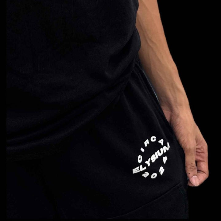 Black short with white text on a black background