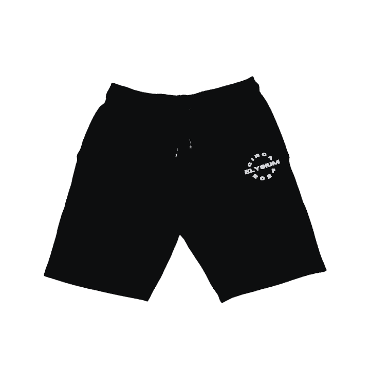 Black shorts with white text on a white background